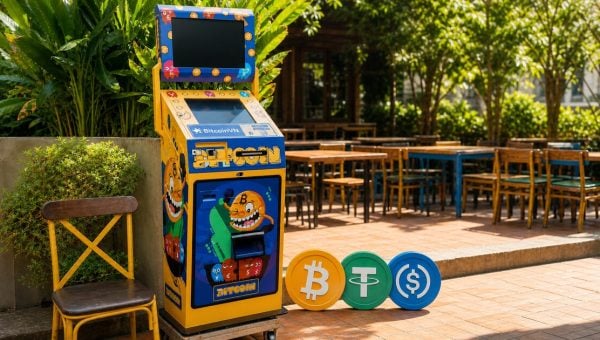BitcoinVN BTM on a sunny terrace with BTC, USDT, and USDC coin medallions for stablecoin support