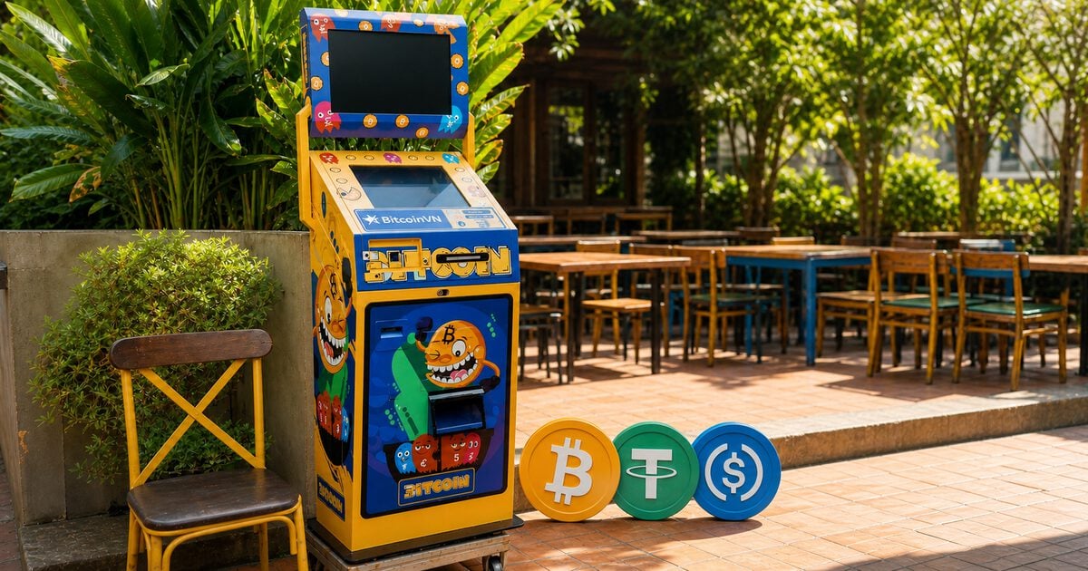 BitcoinVN BTM on a sunny terrace with BTC, USDT, and USDC coin medallions for stablecoin support