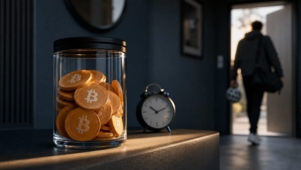 Transparent jar filled with Bitcoin-style tokens beside an analog timer as a young adult leaves through a doorway
