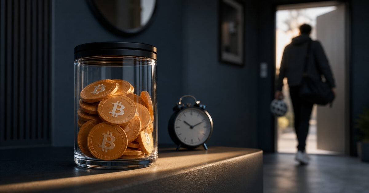 Transparent jar filled with Bitcoin-style tokens beside an analog timer as a young adult leaves through a doorway