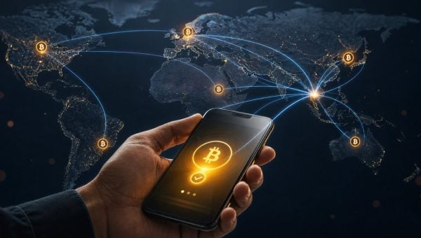 A smartphone showing a Bitcoin payment glow over a global map with cross-border Bitcoin connection lines.
