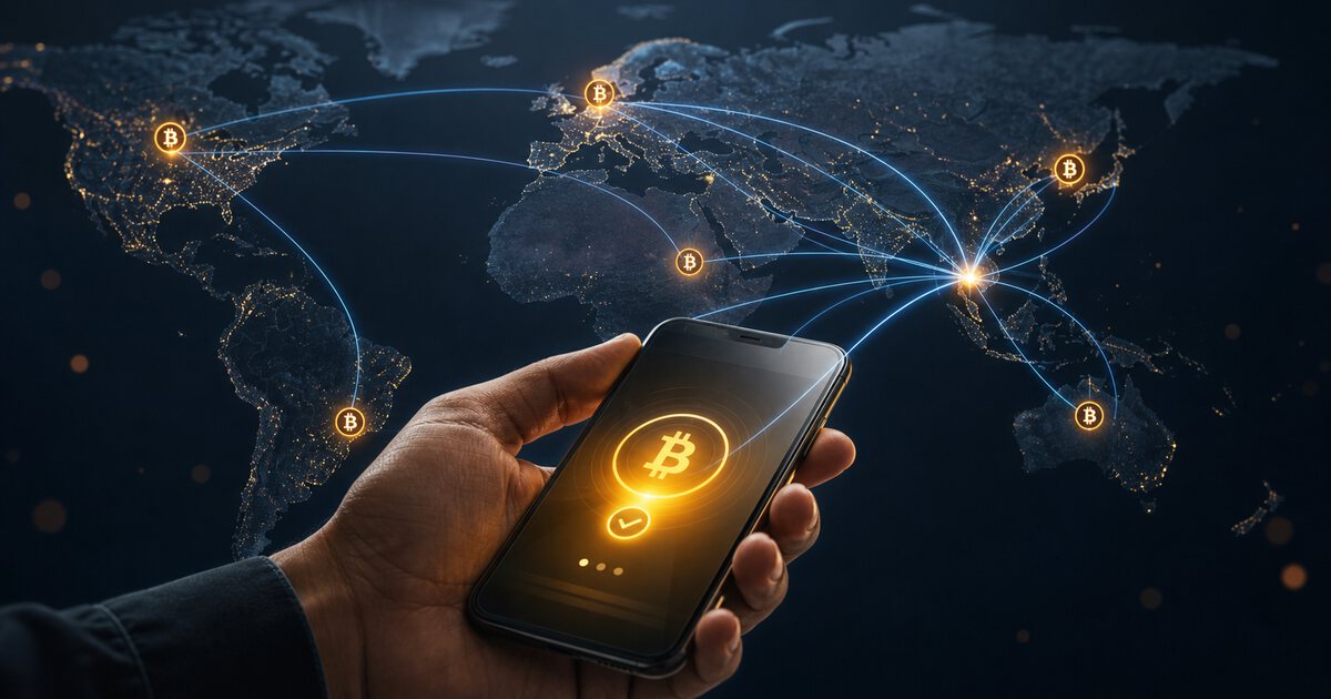 A smartphone showing a Bitcoin payment glow over a global map with cross-border Bitcoin connection lines.