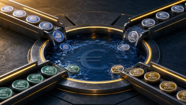 EURC, EURR, EURQ, and EURe tokens flow through four illuminated channels into a shared euro liquidity pool.
