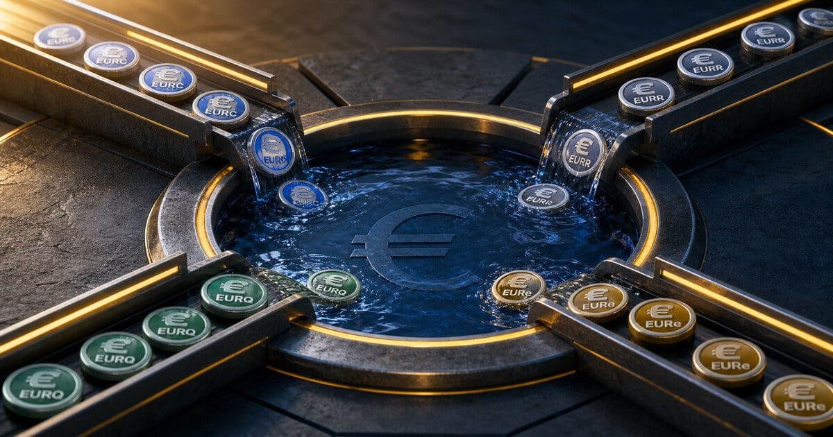 EURC, EURR, EURQ, and EURe tokens flow through four illuminated channels into a shared euro liquidity pool.