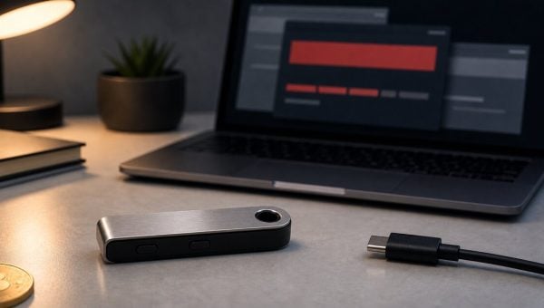 Intact hardware wallet with an unplugged cable while a blurred laptop shows an abstract app error