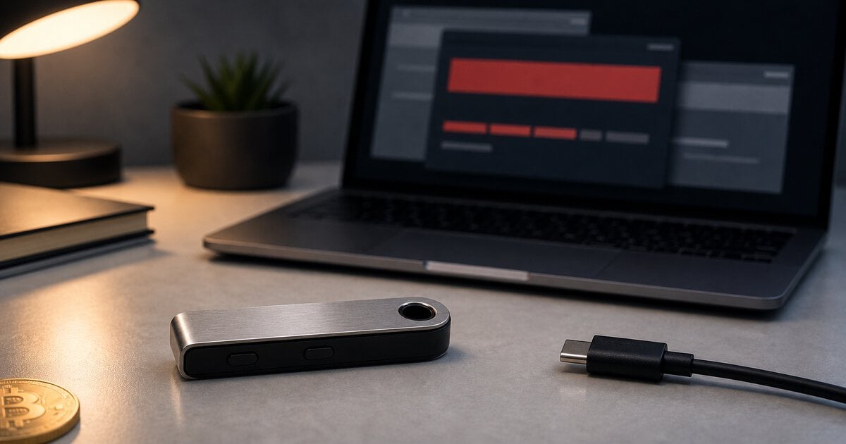 Intact hardware wallet with an unplugged cable while a blurred laptop shows an abstract app error
