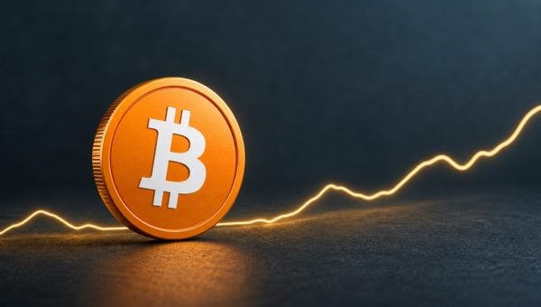 Đồng Bitcoin màu cam với biểu tượng B trắng và đường sáng gợi lịch sử biến động giá