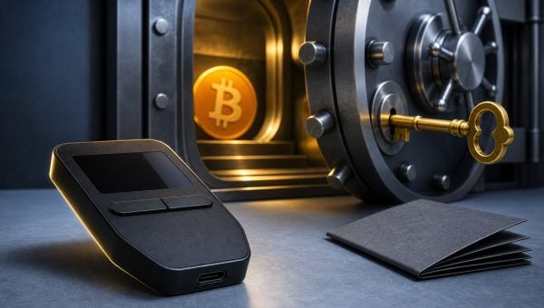 A Trezor Safe 3 hardware wallet on a light desk in front of a vault with a second key protecting a Bitcoin wallet.