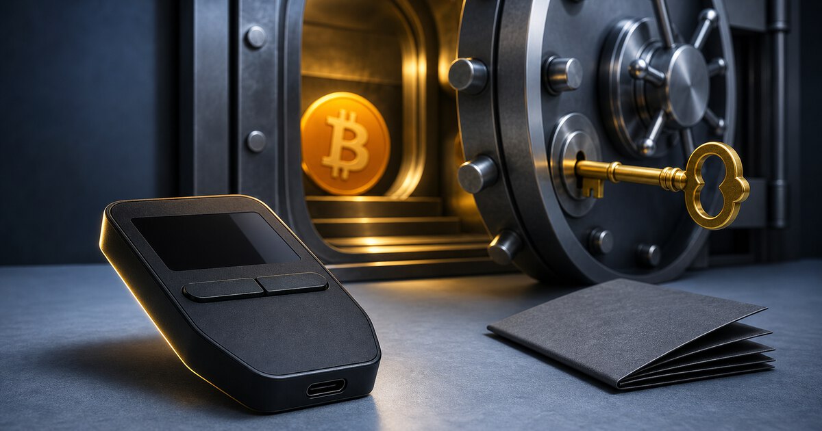 A Trezor Safe 3 hardware wallet on a light desk in front of a vault with a second key protecting a Bitcoin wallet.