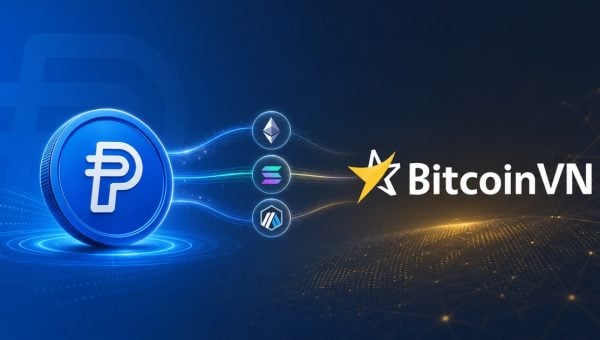 PayPal USD medallion flowing through Ethereum Solana and Arbitrum rails toward BitcoinVN Instant Swap