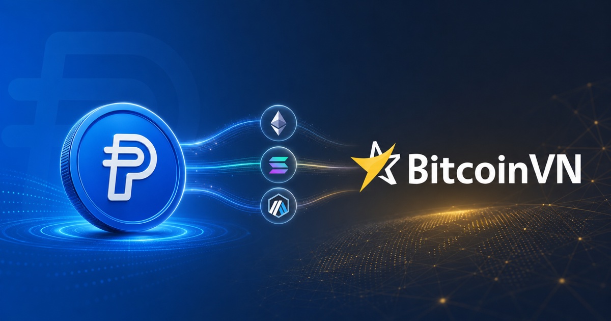 PayPal USD medallion flowing through Ethereum Solana and Arbitrum rails toward BitcoinVN Instant Swap