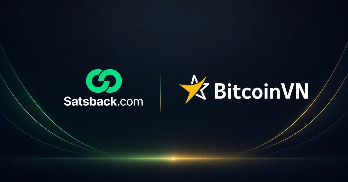 Satsback.com and BitcoinVN logos centered together on a dark editorial background