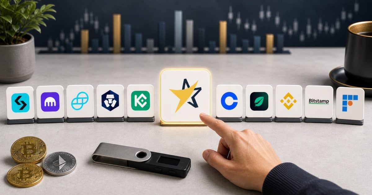 BitcoinVN selected among upright crypto exchange tiles with hardware wallet and crypto coins