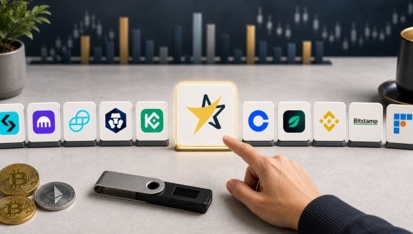 BitcoinVN selected among upright crypto exchange tiles with hardware wallet and crypto coins