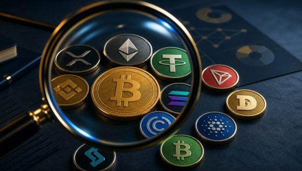 Kính lúp phóng đại các biểu tượng tiền điện tử trong danh sách top 12 coin tiềm năng 2026