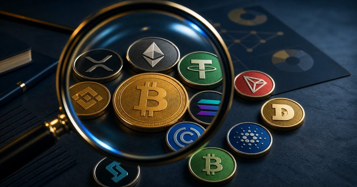 Kính lúp phóng đại các biểu tượng tiền điện tử trong danh sách top 12 coin tiềm năng 2026