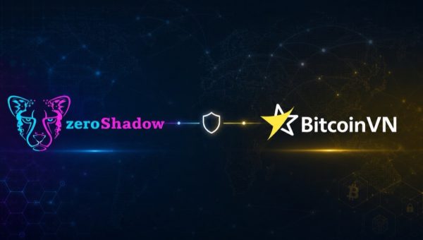 zeroShadow and BitcoinVN logos connected by a shield signal over a dark blockchain investigation map