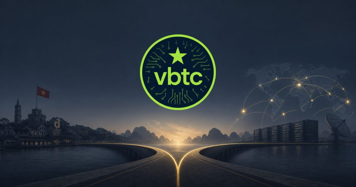 VBTC identity on a dark BitcoinVN editorial background, symbolizing its transition after 12 years from Vietnam's domestic exchange market toward future infrastructure.