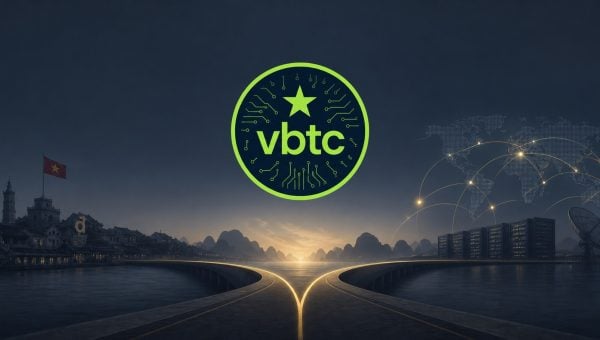 VBTC identity on a dark BitcoinVN editorial background, symbolizing its transition after 12 years from Vietnam's domestic exchange market toward future infrastructure.