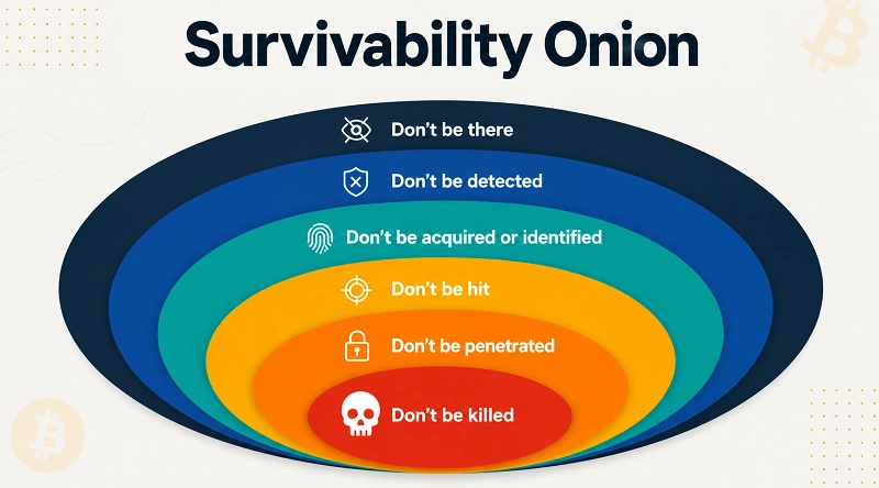 The “Survivability Onion” - originally developed for Special Forces operational security, now increasingly relevant for individuals and families protecting meaningful Bitcoin and crypto wealth