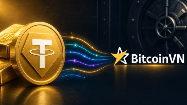 Gold-backed XAUT0 medallion flowing through multichain rails toward BitcoinVN