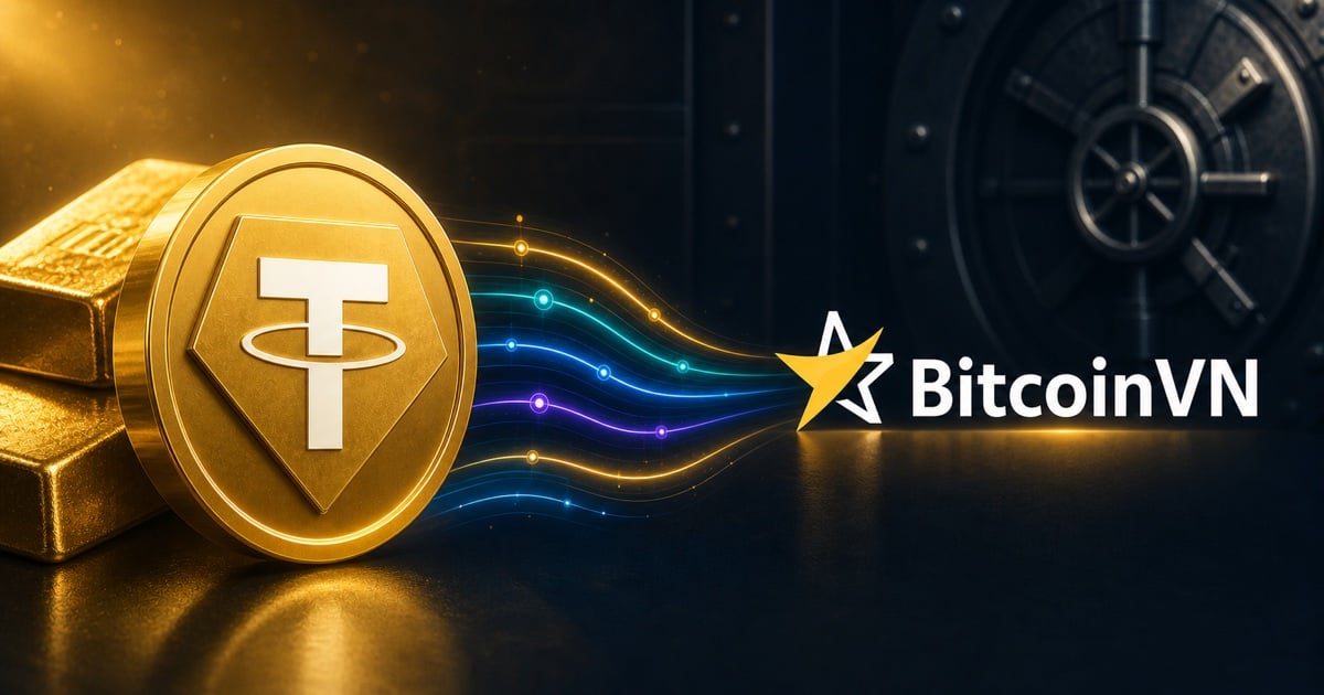 Gold-backed XAUT0 medallion flowing through multichain rails toward BitcoinVN