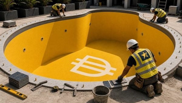 Workers building a yellow swimming pool with a DAI symbol
