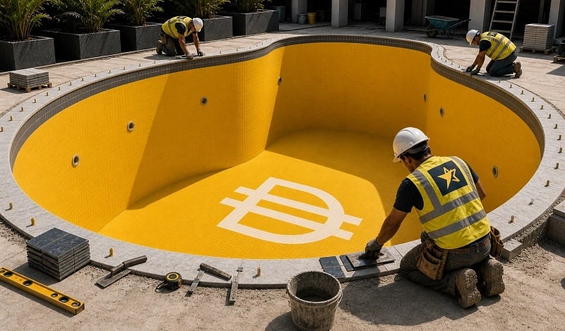 Workers building a yellow swimming pool with a DAI symbol