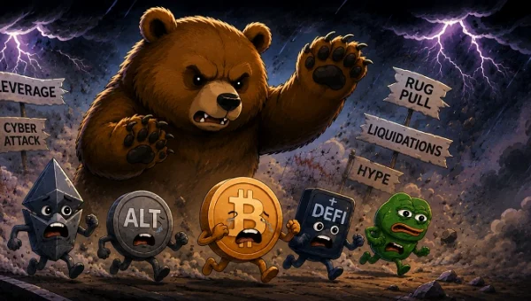 Crypto bear market illustration with tokens fleeing a bear