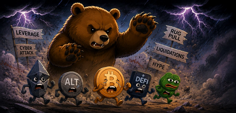 Crypto bear market illustration with tokens fleeing a bear