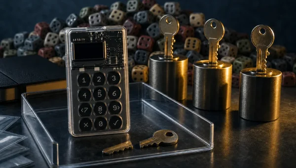 A transparent-case hardware wallet in an evidence tray with a broken key, three intact keys and muted dice in the background.