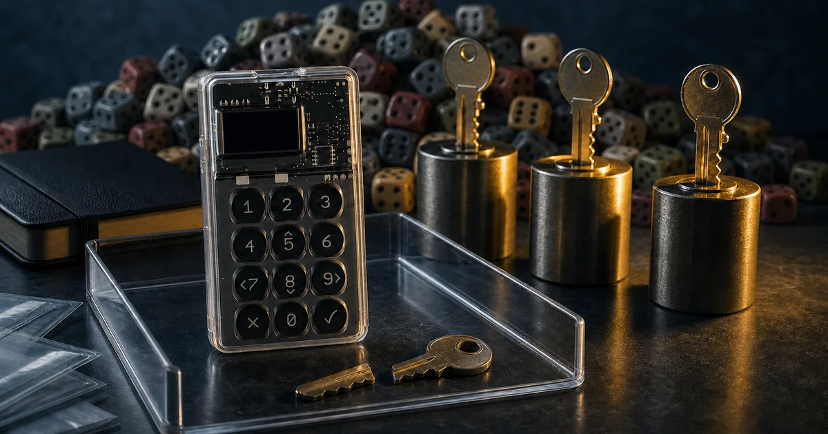 A transparent-case hardware wallet in an evidence tray with a broken key, three intact keys and muted dice in the background.