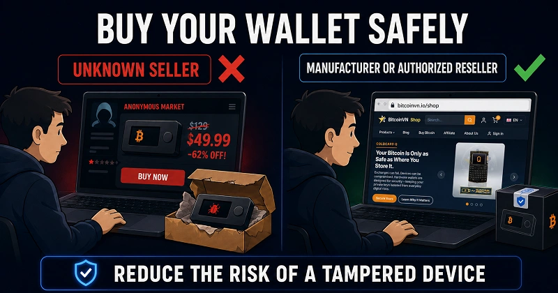 Reduce the risk of receiving a tampered device by purchasing hardware wallets directly from the manufacturer or an authorized reseller