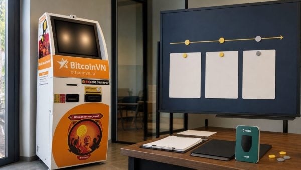 BitcoinVN BTM beside an operations transition board and hardware wallet package