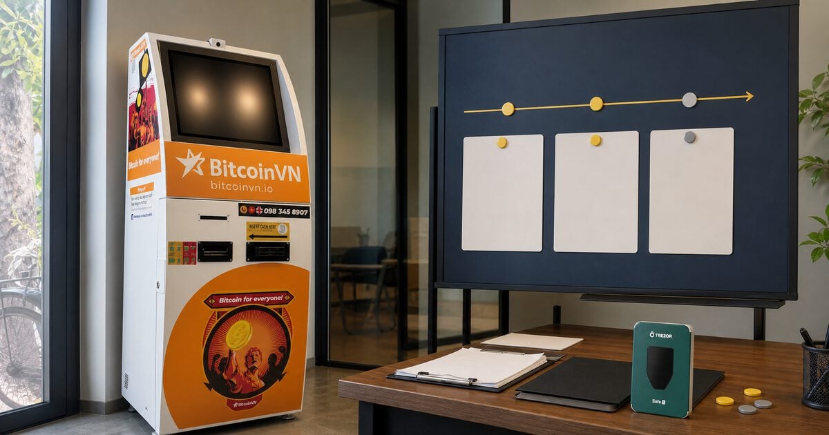 BitcoinVN BTM beside an operations transition board and hardware wallet package