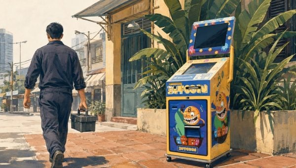 Editorial illustration of an operator carrying a toolbox away from a Gustav I Bitcoin ATM on a Vietnamese street.