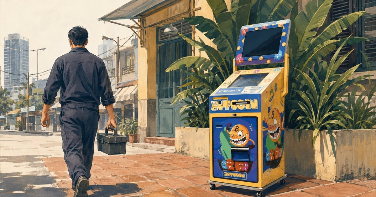 Editorial illustration of an operator carrying a toolbox away from a Gustav I Bitcoin ATM on a Vietnamese street.