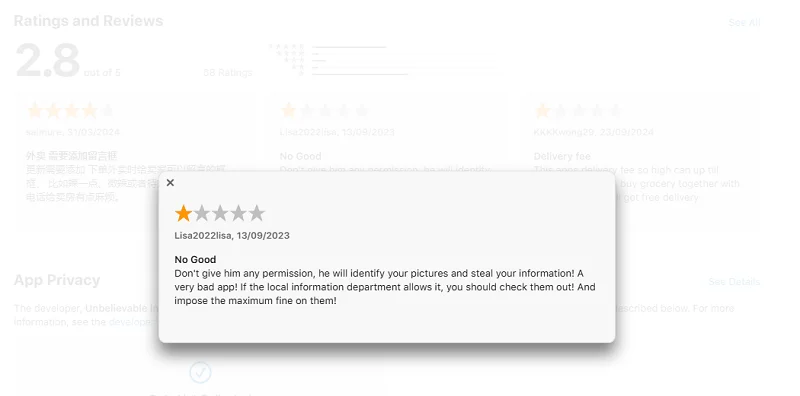 A negative review of ComeCome on Apple’s App Store warned about photo permissions. Source: Kaspersky
