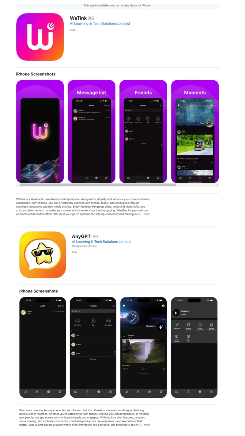 Examples of messaging apps Kaspersky identified as carrying SparkCat on Apple’s App Store. Source: Kaspersky