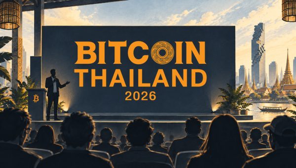 Illustration of a speaker and audience at a Bitcoin Thailand Conference stage, with the official 2026 event logo and Bangkok skyline.