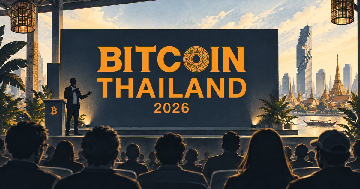 Illustration of a speaker and audience at a Bitcoin Thailand Conference stage, with the official 2026 event logo and Bangkok skyline.
