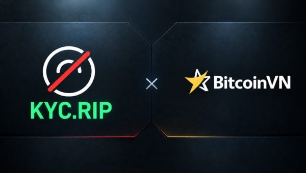 KYC.rip and BitcoinVN logos side by side on joined dark panels, with a partnership cross between them.