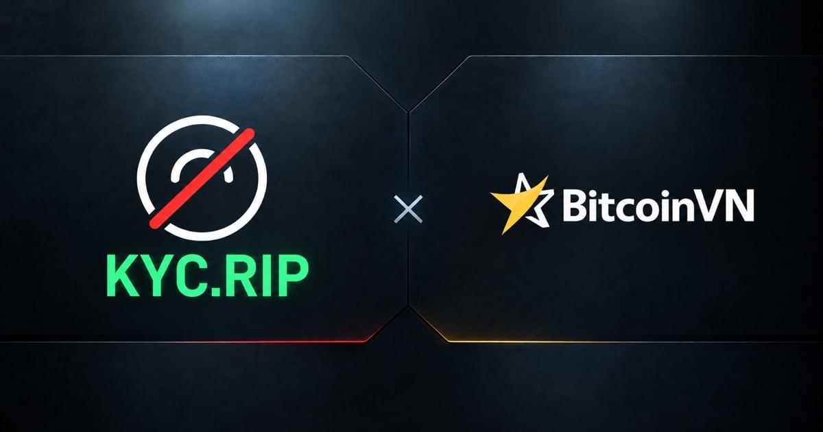 KYC.rip and BitcoinVN logos side by side on joined dark panels, with a partnership cross between them.