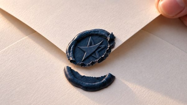 Close view of an envelope being opened, with a broken navy wax seal embossed with the BitcoinVN icon.