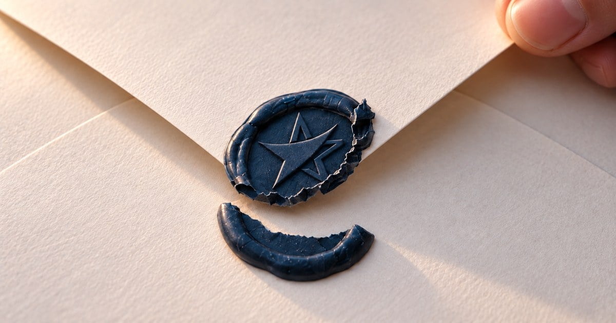 Close view of an envelope being opened, with a broken navy wax seal embossed with the BitcoinVN icon.