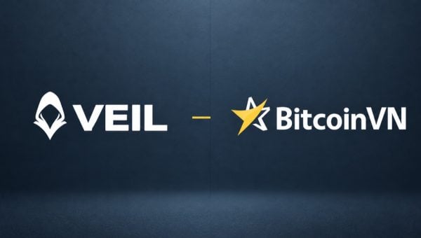VEIL and BitcoinVN logos side by side on a dark blue-gray background.