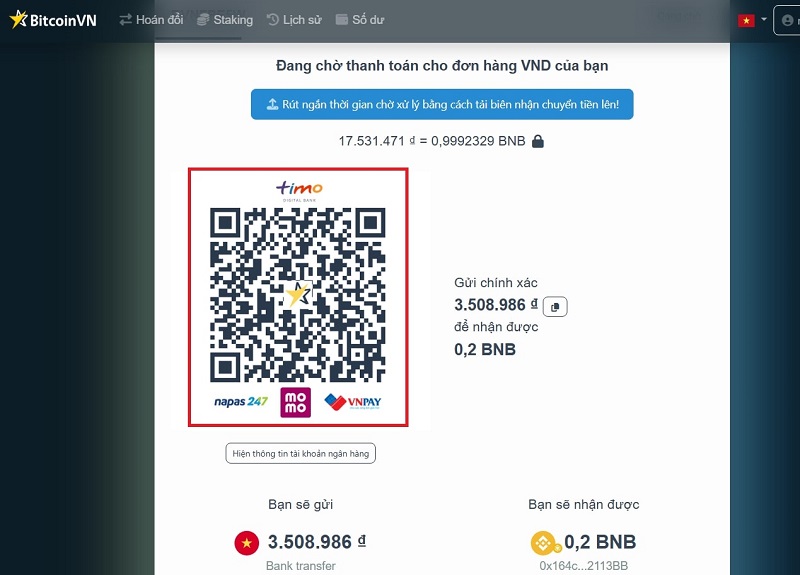 BitcoinVN sẽ gửi BNB cngay sau khi bạn thanh toán