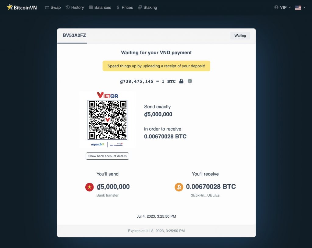 BitcoinVN order page