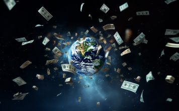Dollar bills flying around the globe