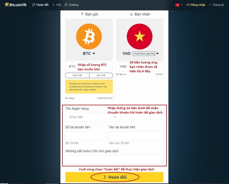 Nhập thông tin và chọn “hoán đổi” để bán Bitcoin